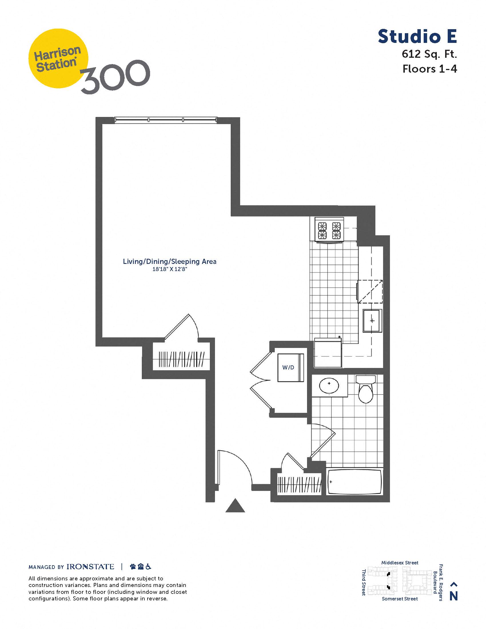 Floor plan for studio, 1 bath, 612 sqft